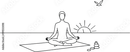 Serene person meditating on yoga mat at sunrise with peaceful ambiance
