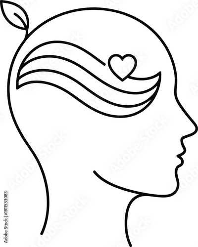 Stunning line art of a woman's head with a heart and leaf