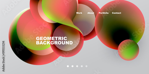 Abstract design features overlapping colorful circles, text elements, simple navigation. Gradient shades create modern visual impact.