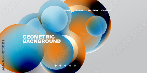 Abstract circles overlap, creating vibrant gradients. Text labels present portfolio options. Minimalist design with dark background.