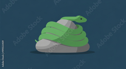 Green Snake Coiled on Rock, Isolated on Blue Background, Vector Illustration