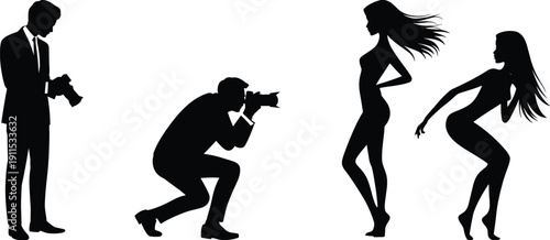 Vector illustration of fashion photo shoot scene with photographers capturing stylish models posing dynamically in studio silhouette concept artwork