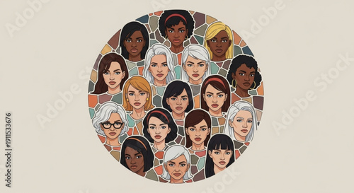 Diverse Group of People Faces in Circle, Multicultural Community Illustration