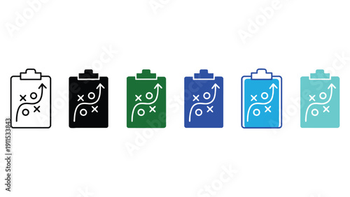 Clipboard icons with football strategy diagrams in various colors