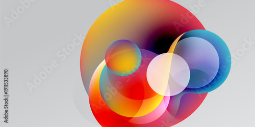 Abstract colorful circles overlap, creating vibrant gradients. Background is dark gray, design feels modern, dynamic.