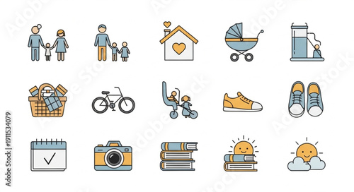 Collection of modern flat icons representing family and lifestyle.