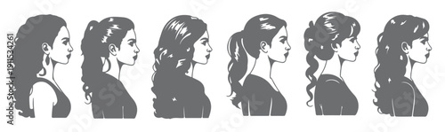 six gray female silhouette portraits profile views various