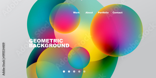 Abstract colorful shapes overlap. Text labels include work, about, portfolio, contact. Dots indicate navigation options. Modern design elements present.