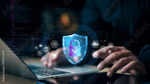 Cybersecurity shield, data encryption icons, cloud protection, and secure network interface. Concept of digital security and cyber defense technology.