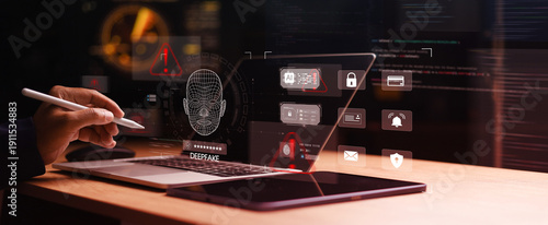 Cybersecurity professional analyzing AI deepfake detection system with facial recognition scan, fraud warning alerts, and digital identity protection interface on laptop.