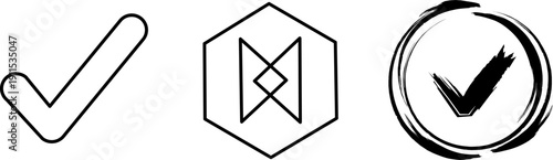 Checkmark set minimalist geometric scribble. Diverse tick symbols for interface and creative branding
