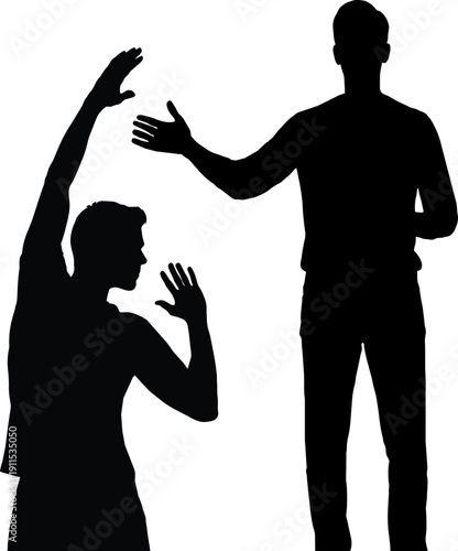 Two silhouetted figures in a confrontational stance with arms raised