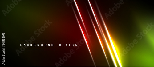 Abstract neon lights create dynamic gradient background. Vivid colors blend, forming sleek design elements. Dark space emphasizes glowing lines.