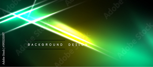 Abstract neon lights create vibrant green, yellow glow. Dark background emphasizes bright lines, modern design element.
