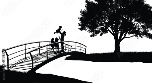 Flat vector illustration silhouette of park landscape with people walking on wooden bridge and joggers running on path by lake with mountains and large tree