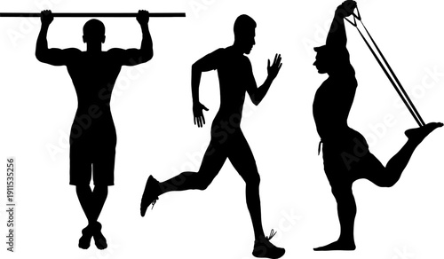 Fitness silhouettes three black silhouettes of people exercising with resistance band and pull up bar