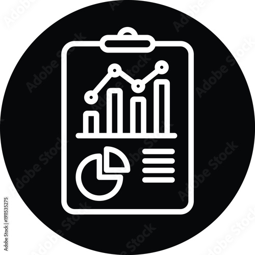 Statistic icon white line art on black circle background vector