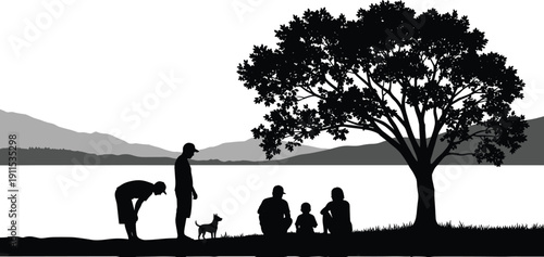Flat vector illustration silhouette of a group of people and a small dog sitting and standing by a lake with a large tree and mountains background