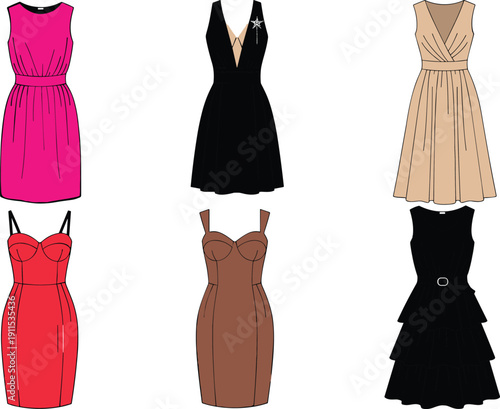 Flat vector illustration cad drawing of women cocktail dresses set including pink sheath dress black plunge neck dress beige pleated dress red bodycon dress brown midi dress and tiered black dress