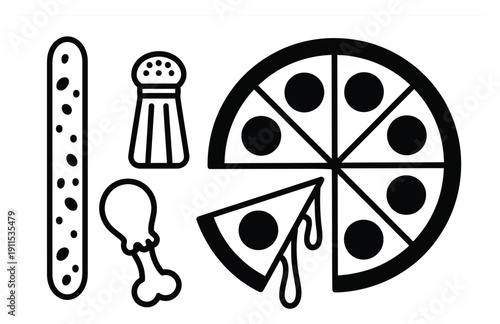 A Simple Line of Pizza, Breadstick, Chicken Leg, and Salt Shaker