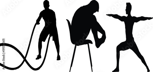 Silhouettes of three dancers in dynamic poses with rope