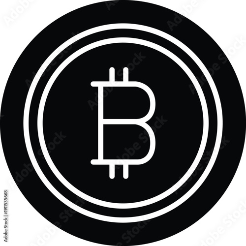 Bitcoin icon white line art on black circle background vector