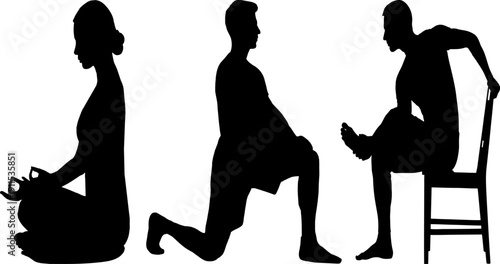 Three silhouettes of people in different yoga poses on a white background