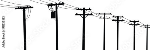 Electric power line poles silhouette with overhead cables showing electricity transmission infrastructure energy distribution grid utility industrial technology concept