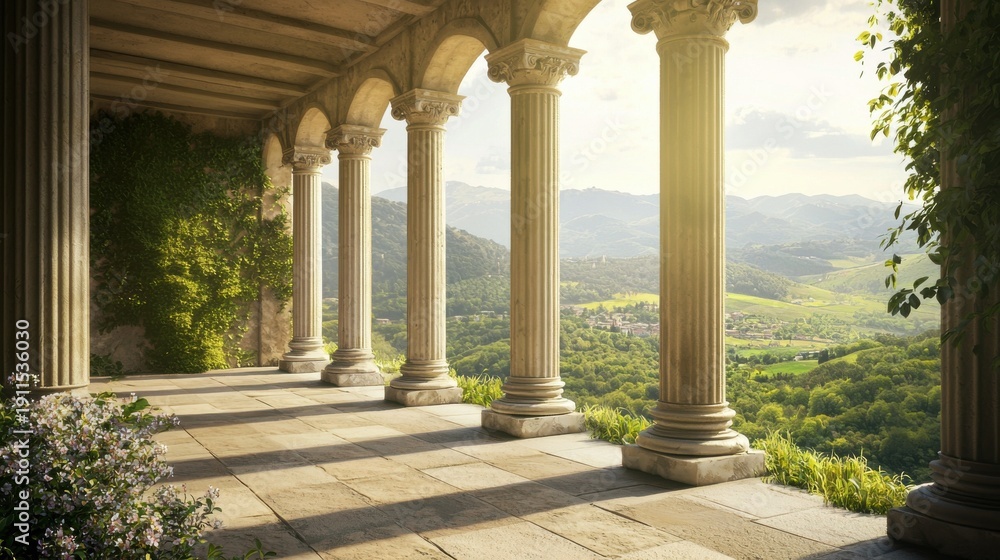 Fototapeta premium Serene View from Ancient Columns Overlooking Lush Landscape