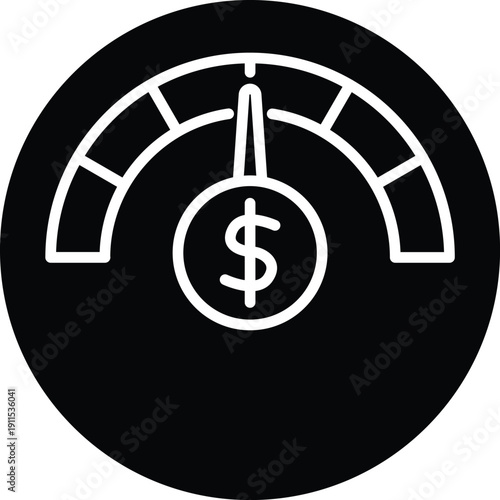 Credit Score icon white line art on black circle background vector