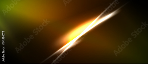 Abstract energy flow, bright diagonal line, dark background. Golden hues blend with green, creating dynamic visual effect.