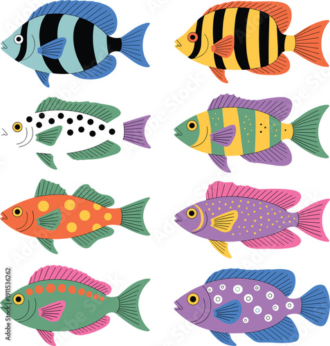 Colorful cartoon tropical fish marine life ocean