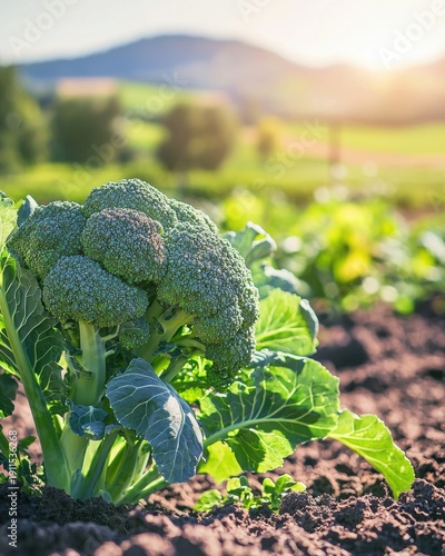 Fresh Broccoli Growing in Sunny Agricultural Landscape