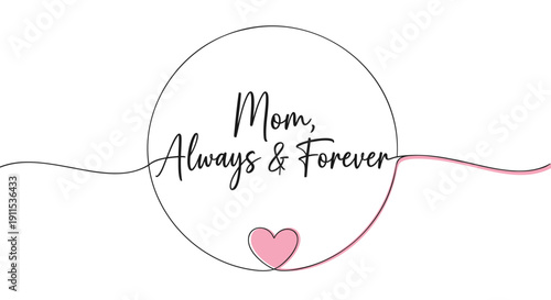 Vector illustration of 'Mom, Always & Forever' text in a circle with a pink heart and wavy lines on transparent background