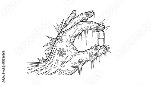 Professional illustration of a frozen icy hand holding a medicinal pill for arctic medicine and cold weather healthcare research.