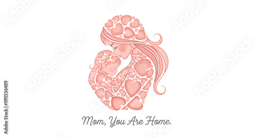 Vector illustration of a mother and child in a heart shape with flowers isolated on transparent background