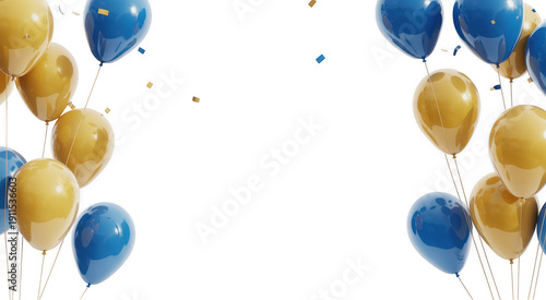 Blue and gold balloons floating with confetti blue balloons party isolated on a transparent background
