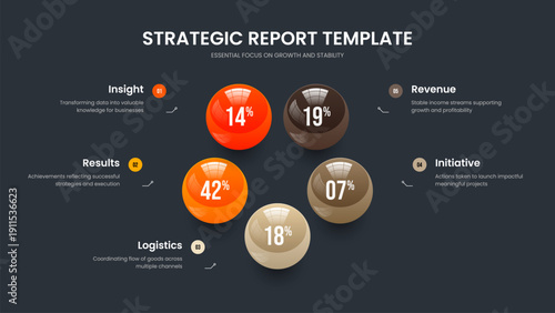 Modern Forecast Slideshow Template Vector Illustration. Advertising Review 5 Element Infographic Frame Design. Market Performance Five Step Graph Presentation Layout.