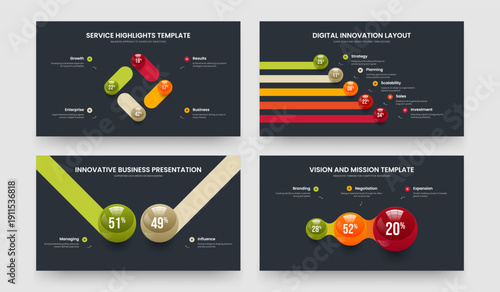 Visual Innovation Four Five Two Three Step Chart Slide Template Vector Illustration Set. Business Development 4 5 2 3 Option Diagram Slideshow Layout Bundle.