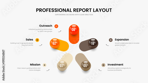 Professional Analysis 5 Option Infographic Presentation Layout. Modern Solution Five Step Diagram Frame Template. Elegant Report Slideshow Design Vector Illustration.
