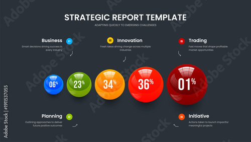 Service Introduction Five Step Infographic Presentation Layout. Medical Report Slide Design Vector Illustration. Company Briefing 5 Element Chart Slideshow Template.