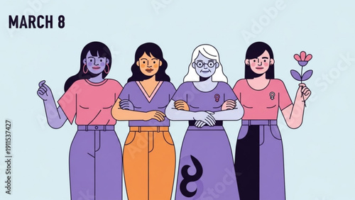 Four women standing together in solidarity on international women's day with flowers and varied expressions