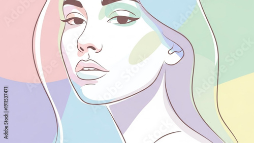 Stylized illustration of a woman's face with colorful makeup and pastel background