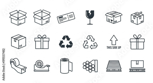 Collection of shipping and packaging icons in a line art style.