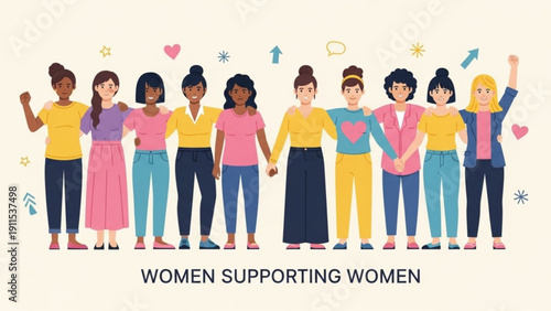 Diverse women standing together in solidarity and support arms linked and raised in empowerment and friendship