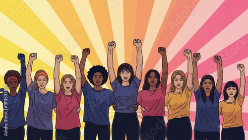 Diverse group of women raising fists in solidarity with colorful sunburst background