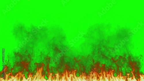 Realistic orange and yellow flames with rising dark smoke effects displayed across the bottom frame against a solid vibrant green screen background for easy compositing