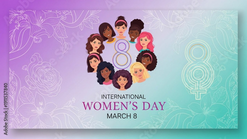International women's day poster with diverse women's faces and date march 8 on purple blue background