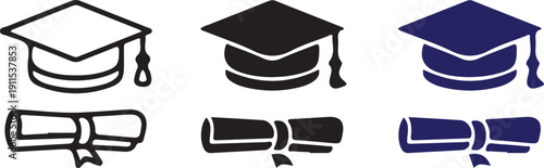 graduation cap diploma black bule three icon set vector illustration design art 