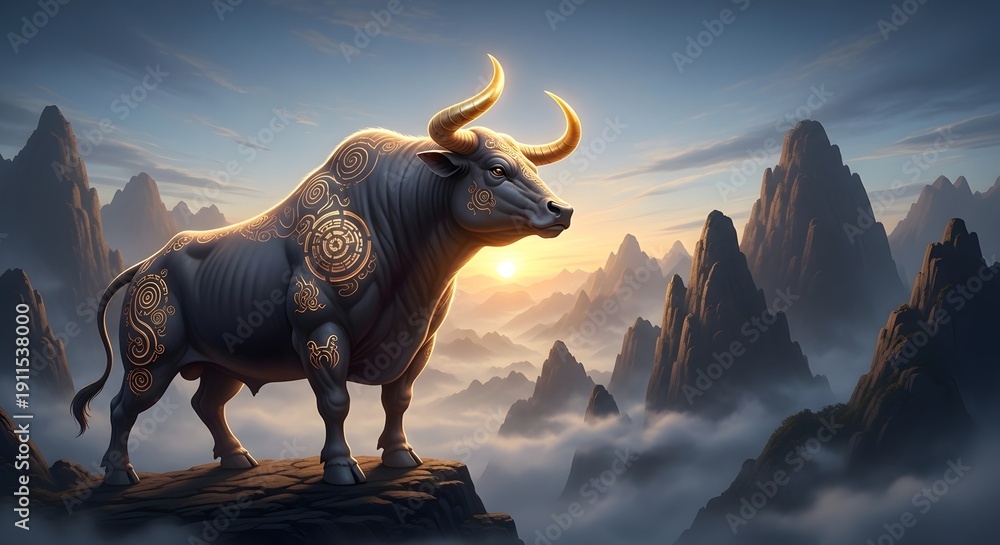 Fototapeta premium Majestic golden horned bull with intricate patterns stands atop a rugged mountain peak as the sun rises, casting a powerful silhouette over a misty, ethereal landscape